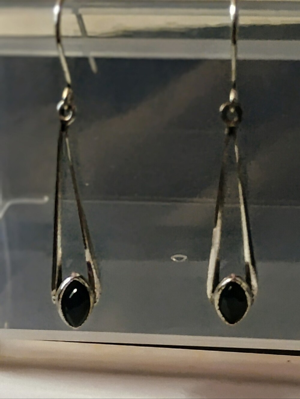 Unmarked Sterling Silver Black Onyx  Teardrop Dangle Earrings